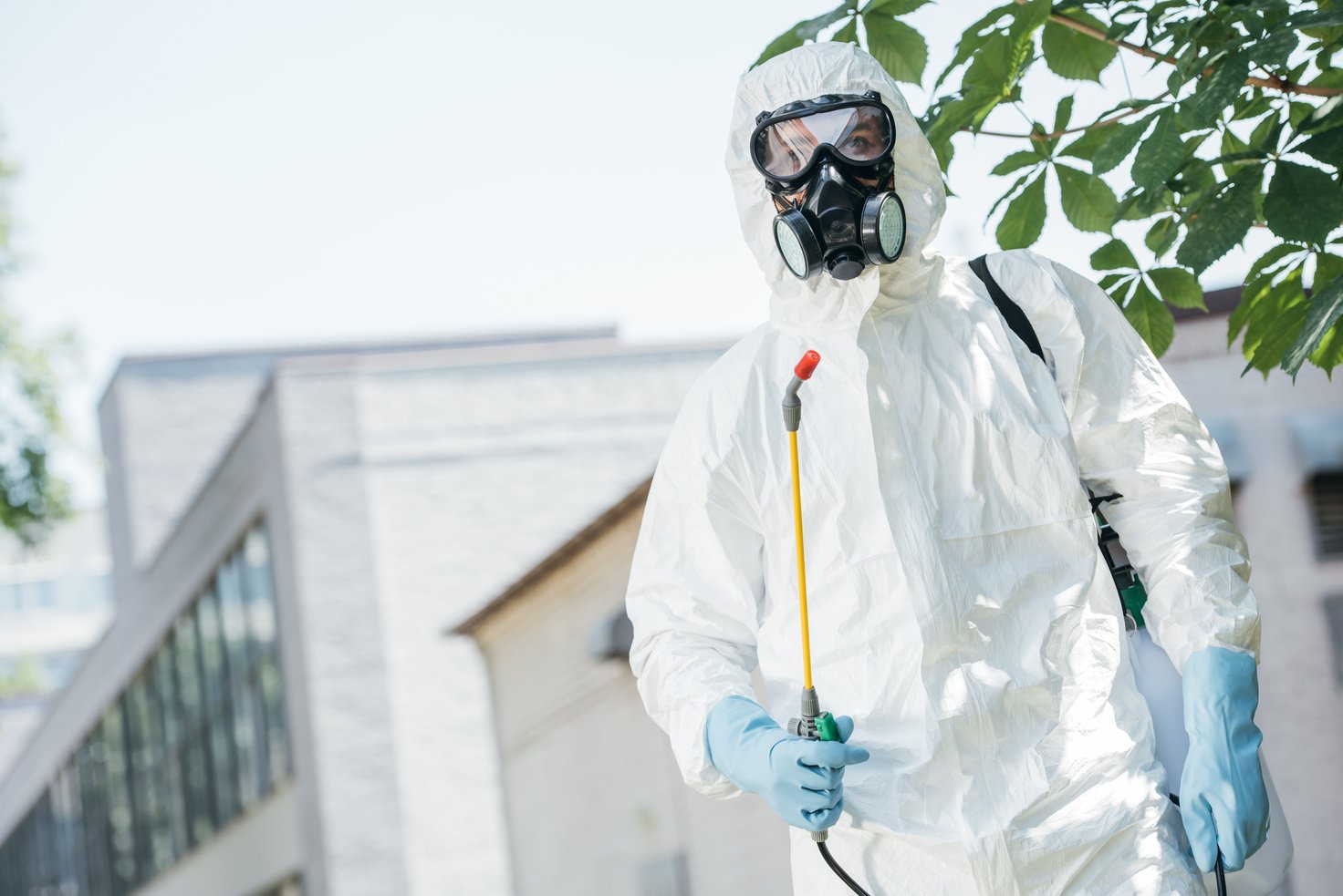 low angle view of pest control worker standing with sprayer